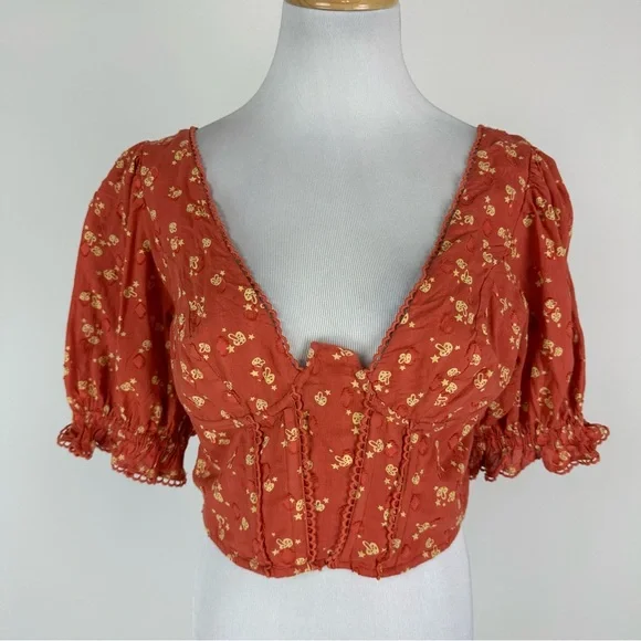 Urban Outfitters Daniella Corset Cropped Top Mushroom Print Size Medium - Picture 2 of 7